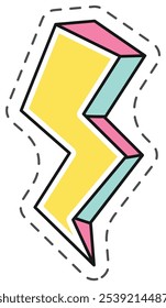 Yellow lightning bolt striking diagonally with pink and blue accents, outlined with a black dotted line on a white background