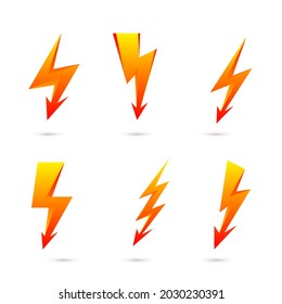 Yellow Lightning Bolt Symbols Isolated on White. Simple Icon Storm or Thunder and Lightning Strike. Simple Cartoon Lightning Strike Icons with Shadow Effect