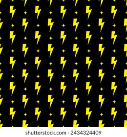 Yellow lightning bolt vector seamless pattern on black background.