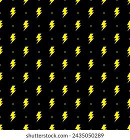 Yellow lightning bolt vector seamless pattern on black background.