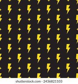 Yellow lightning bolt vector seamless pattern on black background.