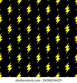 Yellow lightning bolt vector seamless pattern on black background.