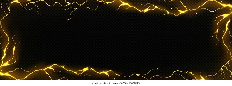 Yellow lightning frame isolated on transparent background. Vector realistic illustration of rectangular thunderbolt border, magic light energy effect with sparkles, electric energy impact, lava cracks