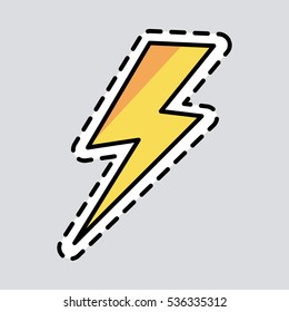 Yellow lightning icon. Cut it out. Illustration of isolated danger sign. Symbol of energy. Curved line. Patch. Amber colour. Cartoon style. Exscind. Flat design. Warning. Thunderbolt. Vector