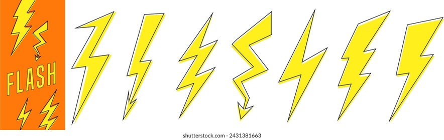 Yellow lightning icons set. Different flash icons isolated on white background	
