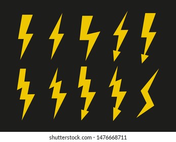 Yellow lightning icons set. Vector symbols collection on black backgound EPS