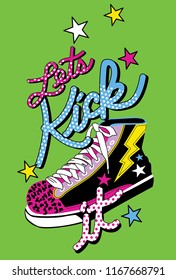 Yellow lightning patterned colorful shoe with around white pointed texts and stars on green background. Vector illustration.