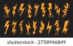 Yellow lightning. Simple bolt. Flat thunder symbols, flash icon, electric arrows, energy power light. Cartoon abstract graphic electrical discharge, fast strike. Vector set.