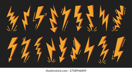 Yellow lightning. Simple bolt. Flat thunder symbols, flash icon, electric arrows, energy power light. Cartoon abstract graphic electrical discharge, fast strike. Vector set.