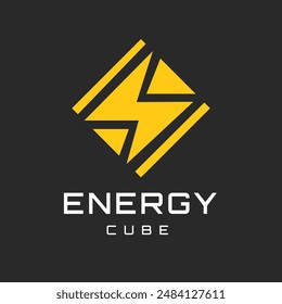 Yellow Lightning symbol in abstract cube shape on black background. This design is for companies operating in the field of energy, electrical technology, or renewable energy solutions