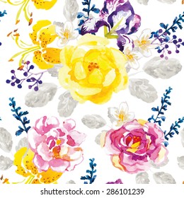 Yellow and lilac flowers with gray leaves and floral elements on the white background. Watercolor seamless pattern with summer flowers. Roses, irises and lilies.