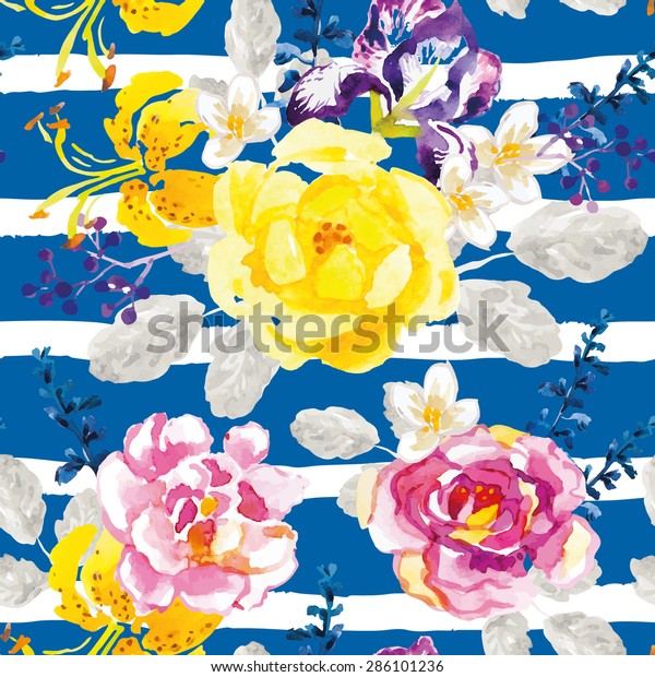 Yellow and lilac flowers with gray leaves and floral elements on the striped background. Watercolor seamless pattern with summer flowers. Roses, irises and lilies.