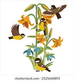 yellow lilies, blue snowdrops and great tit birds, vector drawing flowers at white background, hand drawn botanical illustration