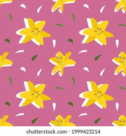 Yellow lilies on a pink background. Vector seamless pattern. Large flowers, bright and beautiful illustration. Wrapping paper, fabric.