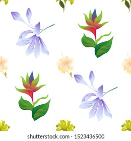Yellow Lilium. Green bird of paradise. Violet Agapanthus Lily. Yellow hibiscus. Vector illustration. Seamless background pattern. Floral botanical flower. Wild leaf wildflower isolated. Exotic.