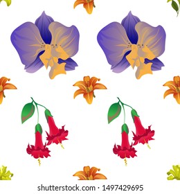 Yellow Lilium. Orange Daylily. Purple Orchid. Red Angel Trumpet. Vector illustration. Seamless background pattern. Floral botanical flower. Wild leaf wildflower isolated. Exotic tropical hawaiian.