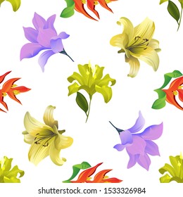 Yellow Lilium. Orange Heliconia. Purple Magnolia. Vector illustration. Seamless background pattern. Floral botanical flower. Wild leaf wildflower isolated. Exotic tropical hawaiian jungle. Fabric.