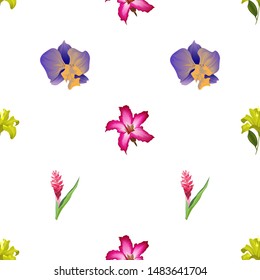 Yellow Lilium. Pink Adenium. Purple Orchid. Red and Pink Ginger. Vector illustration. Seamless background pattern. Floral botanical flower. Wild leaf wildflower isolated. Exotic tropical hawaiian.