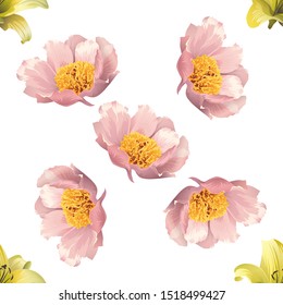 Yellow Lilium. Pink Peony. Vector illustration. Seamless background pattern. Floral botanical flower. Wild leaf wildflower isolated. Exotic tropical hawaiian jungle. Fabric wallpaper print texture.