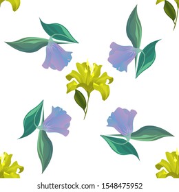 Yellow Lilium. Purple Bllflower. Vector illustration. Seamless background pattern. Floral botanical flower. Wild leaf wildflower isolated. Exotic tropical hawaiian jungle. Fabric wallpaper print.