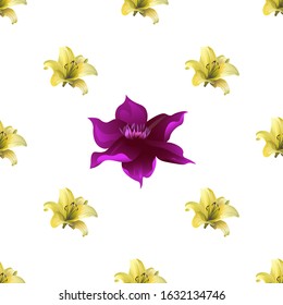 Yellow Lilium. Purple Clematis. Vector illustration. Seamless background pattern. Floral botanical flower. Wild leaf wildflower isolated. Exotic tropical hawaiian jungle. Fabric wallpaper print.
