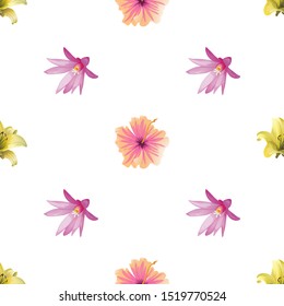 Yellow Lilium. Purple Hatiora. Pink Hibiscus. Vector illustration. Seamless background pattern. Floral botanical flower. Wild leaf wildflower isolated. Exotic tropical hawaiian jungle. Fabric.