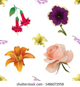 Yellow Lilium. Purple Komakusa. Red Angel Trumpet. Violet Petunia. Orange Daylily. Pink Rose. Vector illustration. Seamless background pattern. Floral botanical flower. Wild leaf wildflower.