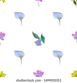 Yellow Lilium. Purple Lotus. Blue Anthurium Tailflower. Purple Bllflower. Vector illustration. Seamless background pattern. Floral botanical flower. Wild leaf wildflower isolated. Exotic tropical.