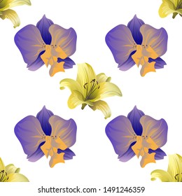 Yellow Lilium. Purple Orchid. Vector illustration. Seamless background pattern. Floral botanical flower. Wild leaf wildflower isolated. Exotic tropical hawaiian jungle. Fabric wallpaper print texture.