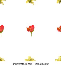 Yellow Lilium. Red Amaryllis. Vector illustration. Seamless background pattern. Floral botanical flower. Wild leaf wildflower isolated. Exotic tropical hawaiian jungle. Fabric wallpaper print texture.