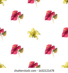 Yellow Lilium. Red Calla. Vector illustration. Seamless background pattern. Floral botanical flower. Wild leaf wildflower isolated. Exotic tropical hawaiian jungle. Fabric wallpaper print texture.