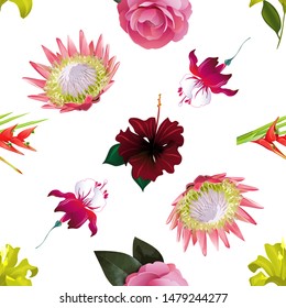 Yellow Lilium. Red Heliconia Bihai. Pink Balsam. Pink Protea. Red Fuchsia. Red Rose Mallow. Vector illustration. Seamless background pattern. Floral botanical flower. Wild leaf wildflower isolated.