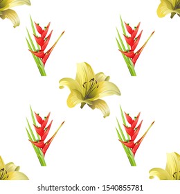 Yellow Lilium. Red Heliconia Bihai. Vector illustration. Seamless background pattern. Floral botanical flower. Wild leaf wildflower isolated. Exotic tropical hawaiian jungle. Fabric wallpaper print.
