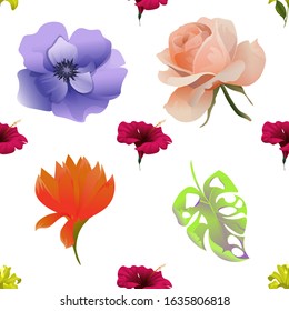 Yellow Lilium. Red Hibiscus. Violet Anemone. Pink Rose. Red Amaryllis. Green Monstera. Vector illustration. Seamless background pattern. Floral botanical flower. Wild leaf wildflower isolated.