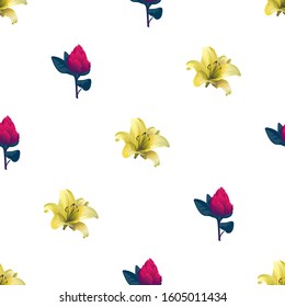 Yellow Lilium. Red Vriesea. Vector illustration. Seamless background pattern. Floral botanical flower. Wild leaf wildflower isolated. Exotic tropical hawaiian jungle. Fabric wallpaper print texture.