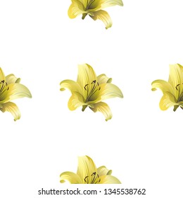 Yellow Lilium. Vector illustration. Floral botanical flower. Wild leaf wildflower isolated. Exotic tropical hawaiian jungle. Seamless background pattern. Fabric wallpaper print texture.