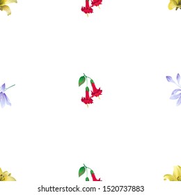 Yellow Lilium. Violet Agapanthus Lily. Red Angel Trumpet. Vector illustration. Seamless background pattern. Floral botanical flower. Wild leaf wildflower isolated. Exotic tropical hawaiian jungle.