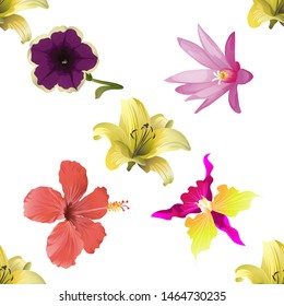 Yellow Lilium. Violet Petunia. Purple Hatiora. Red Hibiscus. Pink Orchid. Vector illustration. Seamless background pattern. Floral botanical flower. Wild leaf wildflower isolated. Exotic tropical.