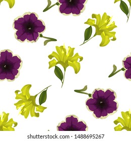 Yellow Lilium. Violet Petunia. Vector illustration. Seamless background pattern. Floral botanical flower. Wild leaf wildflower isolated. Exotic tropical hawaiian jungle. Fabric wallpaper print.
