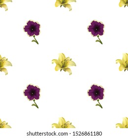 Yellow Lilium. Violet Petunia. Vector illustration. Seamless background pattern. Floral botanical flower. Wild leaf wildflower isolated. Exotic tropical hawaiian jungle. Fabric wallpaper print.