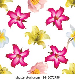 Yellow Lilium. White Plumeria. Pink Peony. Pink Adenium. Vector illustration. 