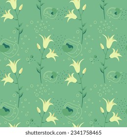 Yellow lily with abstract elements on a green background Vector seamless pattern
