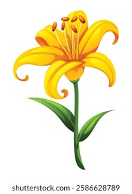 Yellow lily flower with smooth petals and leaves, perfect for elegant floral designs. Vector cartoon illustration