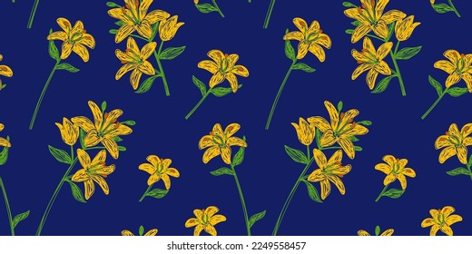 Yellow lily flowers set. Hand drawn floral vector seamless pattern. Pen or marker sketch. Hand drawn natural pencil drawing
