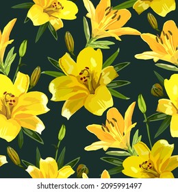 Yellow lily flowers vector seamless pattern
