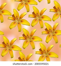 Yellow Lily on a peach abstract background. Floral seamless pattern, EPS 10 vector