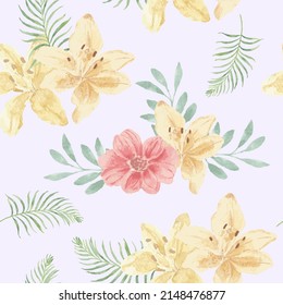 Yellow Lily Watercolor Seamless Pattern