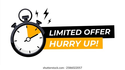 Yellow limited offer hurry up with clock for promotion, banner, price. Label countdown of time for offer sale or exclusive deal. Alarm clock, vector 10 eps.