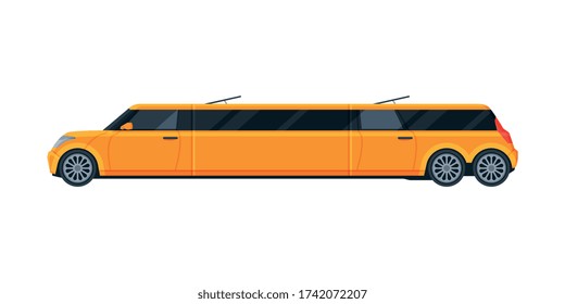 Yellow Limousine Car, Premium Luxurious Limo Vehicle, Side View Flat Vector Illustration