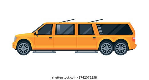 Yellow Limousine Car, Premium Luxurious Vehicle, Side View Flat Vector Illustration